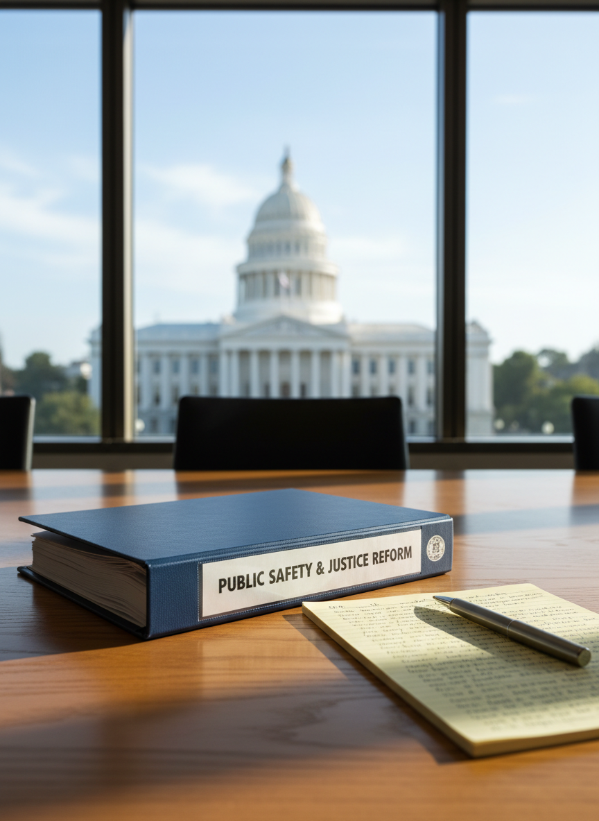 A polished oak conference table neatly arranged with a thick, navy-blue policy binder labeled “Public Safety & Justice Reform,” a stainless steel pen, and a legal notepad filled with precise handwritten notes visible only as subtle lines. Behind the table, tall windows reveal a soft-focus California state capitol building under a pale blue sky. Early afternoon natural light streams in, creating clean highlights on the binder’s textured cover and soft shadows along the table’s grain. Photographic realism, shot at eye level with a slight angle toward the binder, shallow depth of field subtly blurring the exterior. The mood is professional, focused, and solutions-oriented, conveying careful preparation and serious legislative intent in a clean, modern atmosphere.