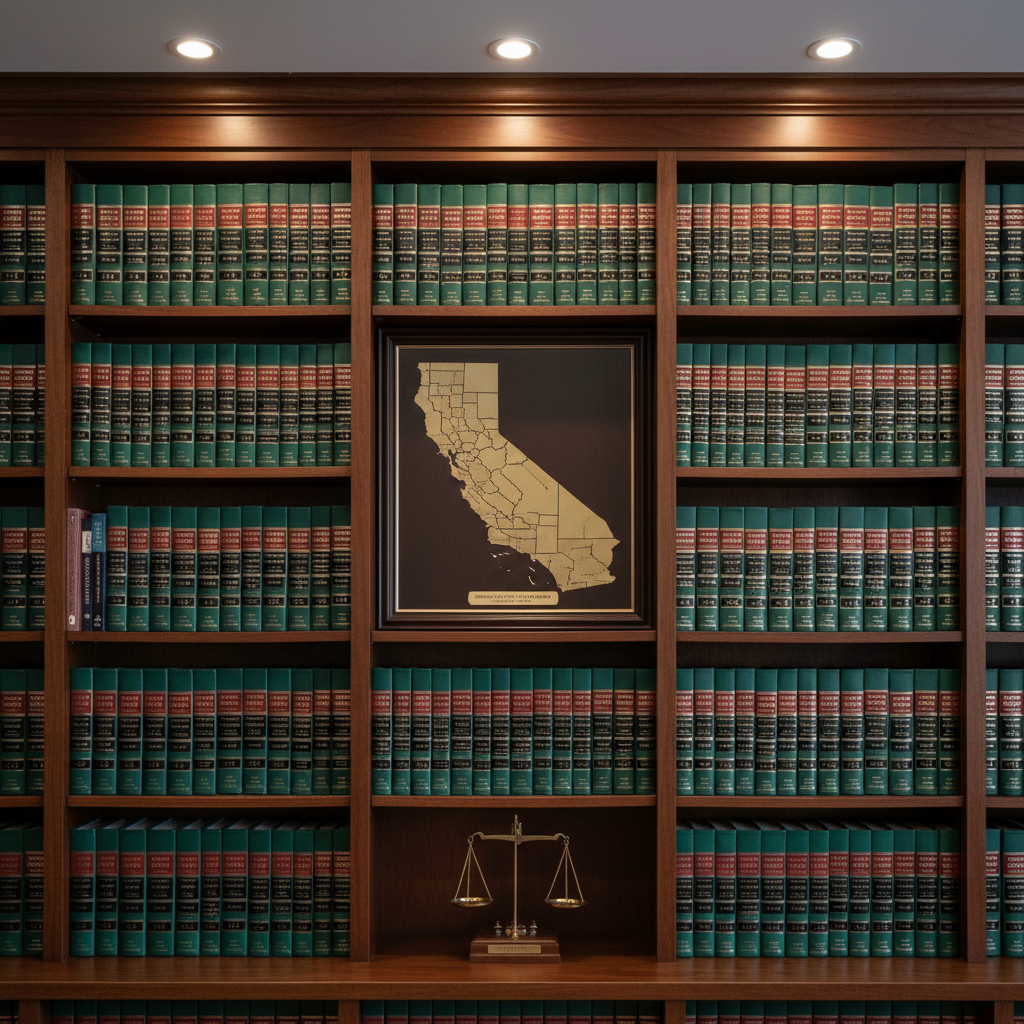 A meticulously organized wall of criminal justice law books in deep burgundy and dark green covers, their gold-embossed titles sharply legible, flanking a centered, framed outline map of California with highlighted districts. The shelves are rich walnut, illuminated by warm, focused track lighting from above that creates subtle reflections on the leather-like bindings. A small brass scale of justice rests on a narrow shelf beneath the map. Photographic realism, straight-on composition with symmetric framing and crisp focus throughout. The mood is authoritative and trustworthy, evoking decades of legal study and policy expertise, suited for a professional campaign website emphasizing knowledge and experience in criminal justice reform.