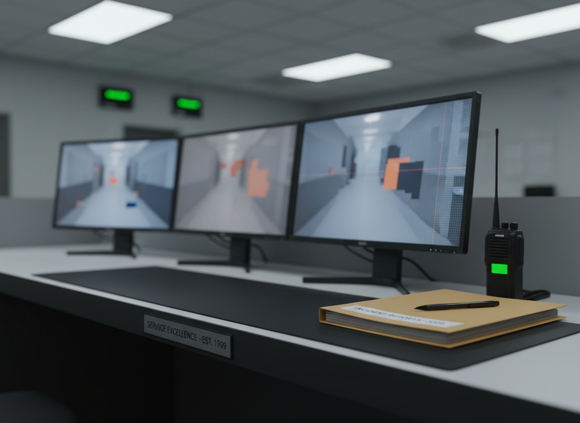 A close-up, photographic image of a clean, well-maintained correctional facility control room desk, featuring a row of modern flat-screen security monitors showing abstract, blurred cell blocks and corridors, a neatly stacked incident report folder, and a digital radio resting on a non-reflective black mat. Cool, diffused overhead lighting creates gentle, even illumination with minimal glare, highlighting the matte textures of the equipment. Shot from a slightly elevated angle, with the nearest monitor in sharp focus and the rest gradually softening into the background. The atmosphere is calm, vigilant, and professional, emphasizing safety, order, and nearly 25 years of experienced correctional service without showing any people.