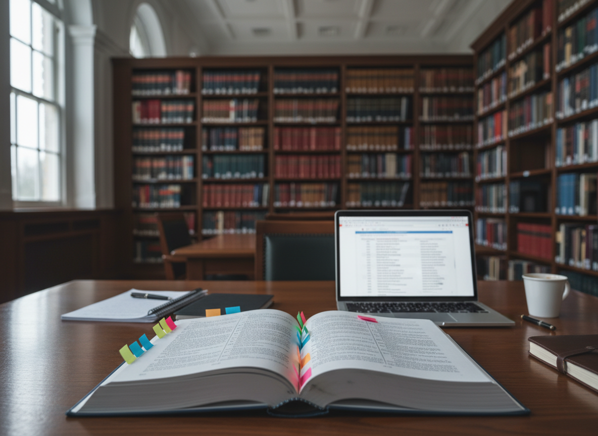 A spacious law school library study table with a single open criminal procedure casebook, color-coded sticky tabs marking important pages, and a sleek laptop displaying a blurred, text-heavy legal brief. Floor-to-ceiling shelves of neatly arranged law books stretch into the softly blurred background. Large windows to the side admit cool, overcast natural light, producing gentle, diffused illumination with almost no harsh shadows. Photographic realism, shot from a slightly low angle toward the open book, using shallow depth of field to keep the text edges and tab colors crisp. The mood is disciplined, aspirational, and academically rigorous, underscoring the achievement of earning a law degree while remaining grounded in real-world justice work.