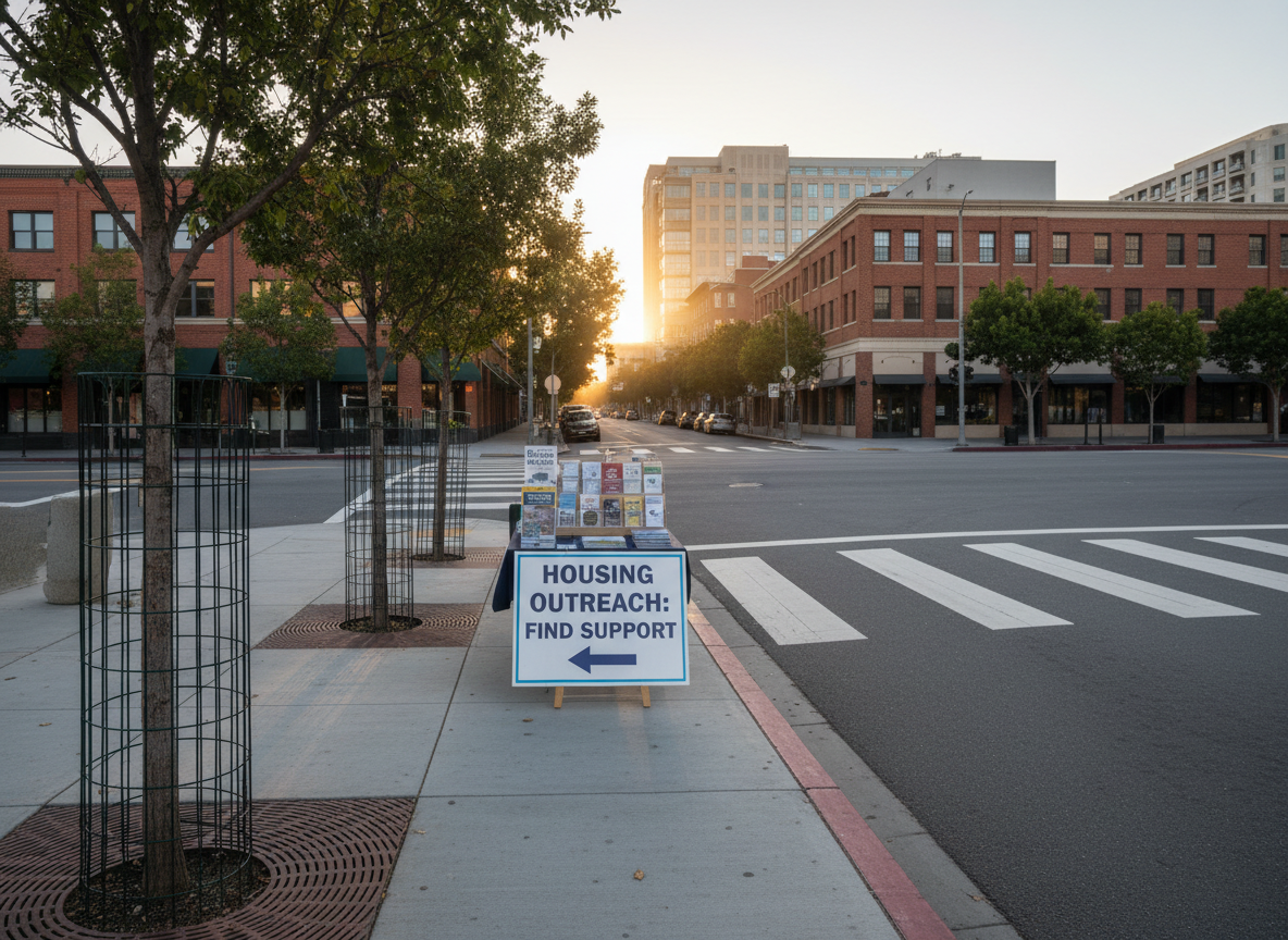An urban California streetscape at dawn, captured in photographic realism, showing a clean sidewalk lined with newly planted trees, clearly marked crosswalks, and freshly painted curbside housing outreach signs. A temporary outreach booth stands neatly arranged with pamphlets about homelessness services and crime prevention, all legible but secondary to the environment. Soft golden morning light glows from behind mid-rise buildings, casting long, gentle shadows across the pavement and lending warmth to the scene. Shot at eye level with a wide lens for sharp detail from foreground to background. The mood is hopeful and proactive, suggesting practical, community-based solutions to homelessness and public safety concerns without any human subjects present.