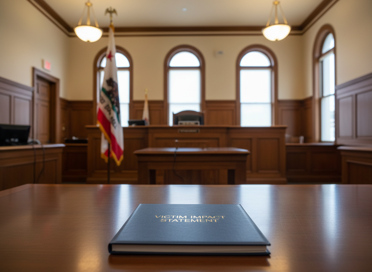 A dignified courtroom interior in photographic realism, focusing on the polished wooden witness stand, a prominent California state flag, and a carefully centered, empty victim impact statement folder on the front table. Warm overhead lighting and subtle window light combine to create soft highlights on the varnished wood and a slight sheen on the folder’s navy cover. Shot from a seated, eye-level perspective facing the bench, with the judge’s nameplate just out of focus in the distance. The composition uses the rule of thirds, with the folder anchoring the foreground. The mood is respectful, solemn, and justice-oriented, reflecting a strong commitment to victims’ rights and fair legal process.